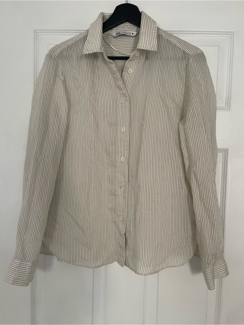 Zara Cream and Black Pinstripe Button-Down Shirt office siren medium